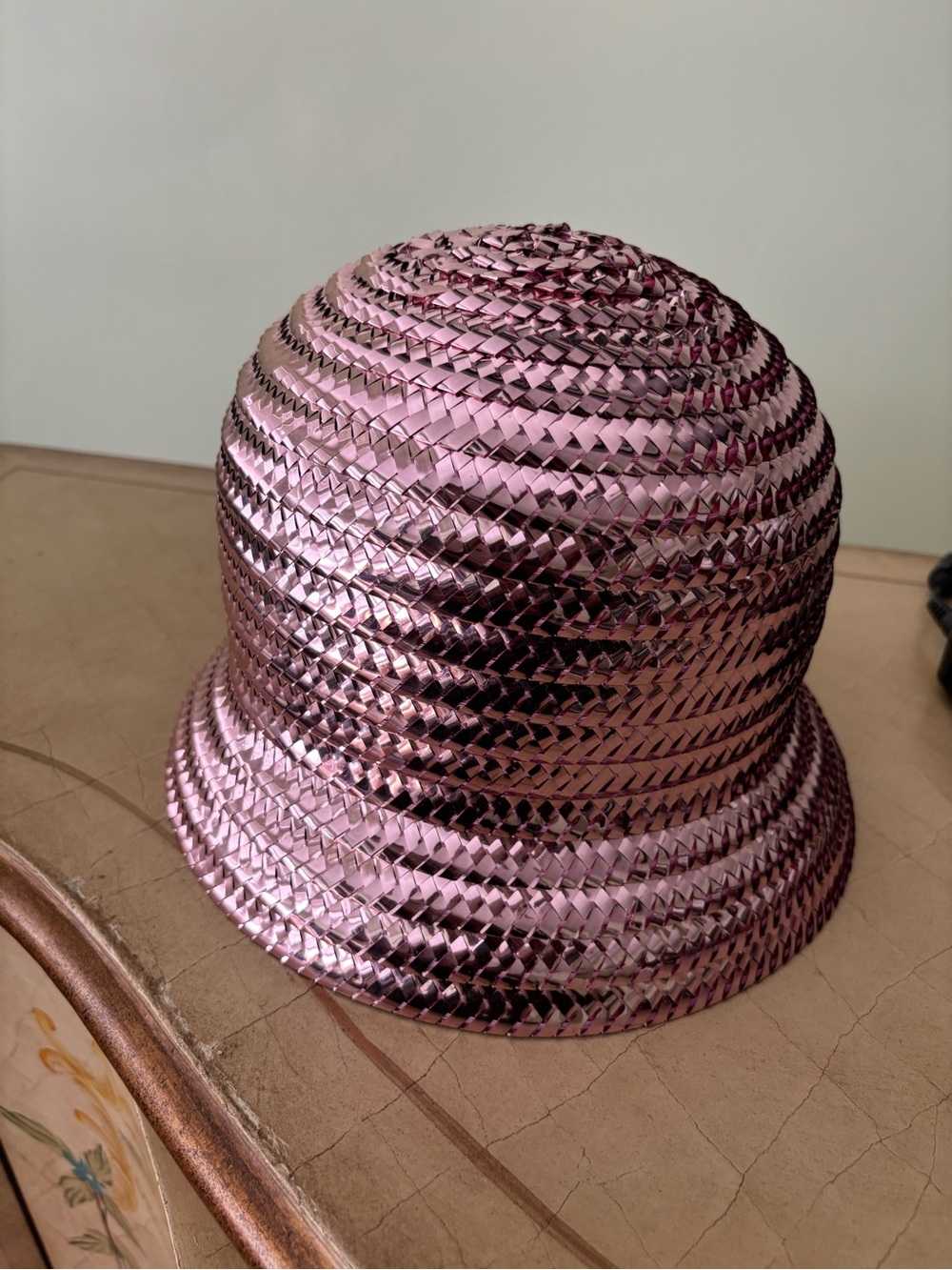 Anthropologie Metallic Rose Pink Braided Bucket Hat